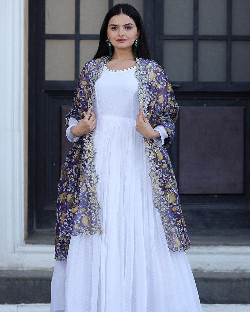 White Color Georgette Designer Gown With Dupatta  - By Qivii