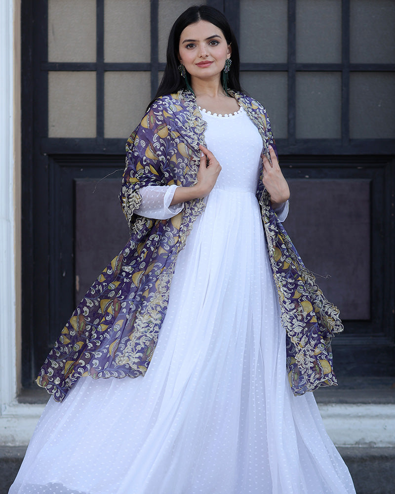 White Color Georgette Designer Gown With Dupatta  - By Qivii