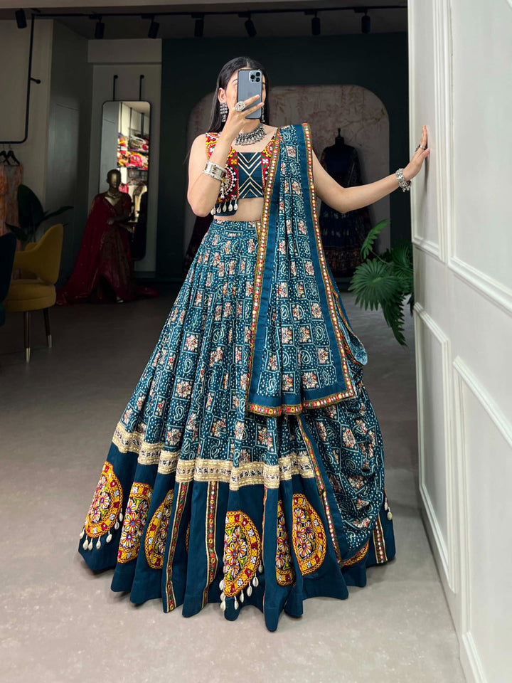 Blue Color Pure Rayon With Printed And Foil Work Navratri  Special Lehenga Choli Set