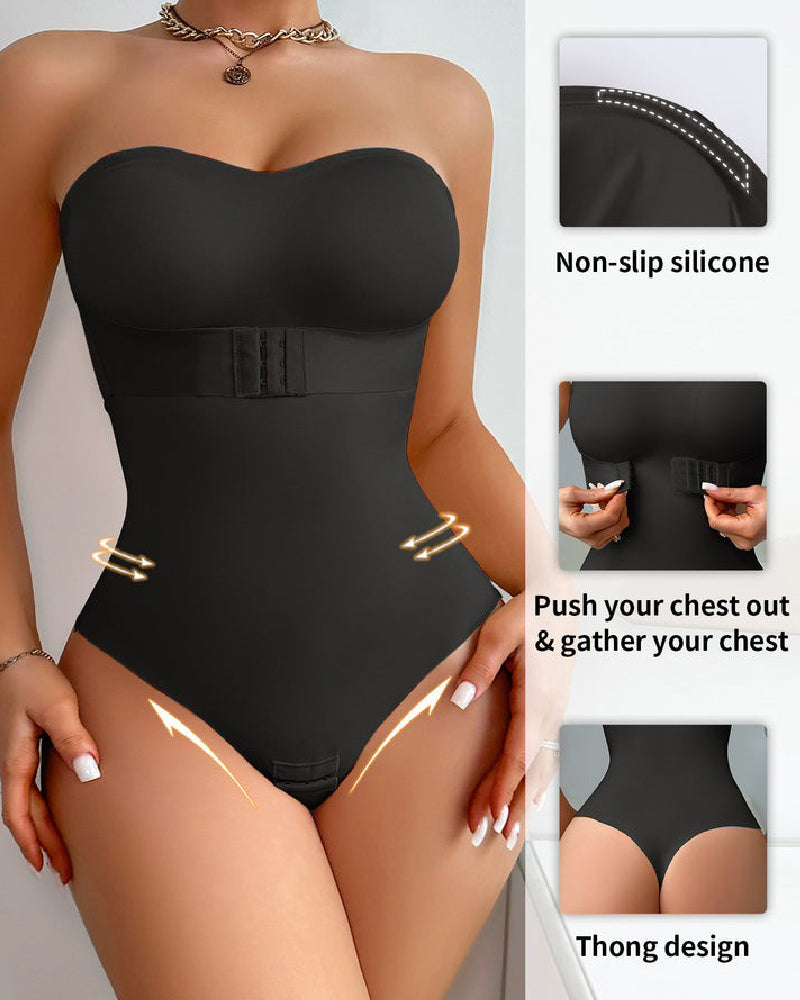 Women's Strapless Tummy Control One Piece Seamless Thong Shapewear Bodysuits  - By Qivii
