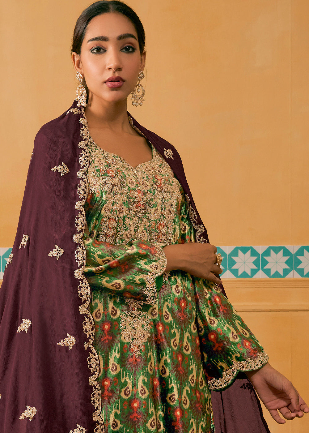 Forest Green Velvet Salwar Suit with Embroidery work - qivii