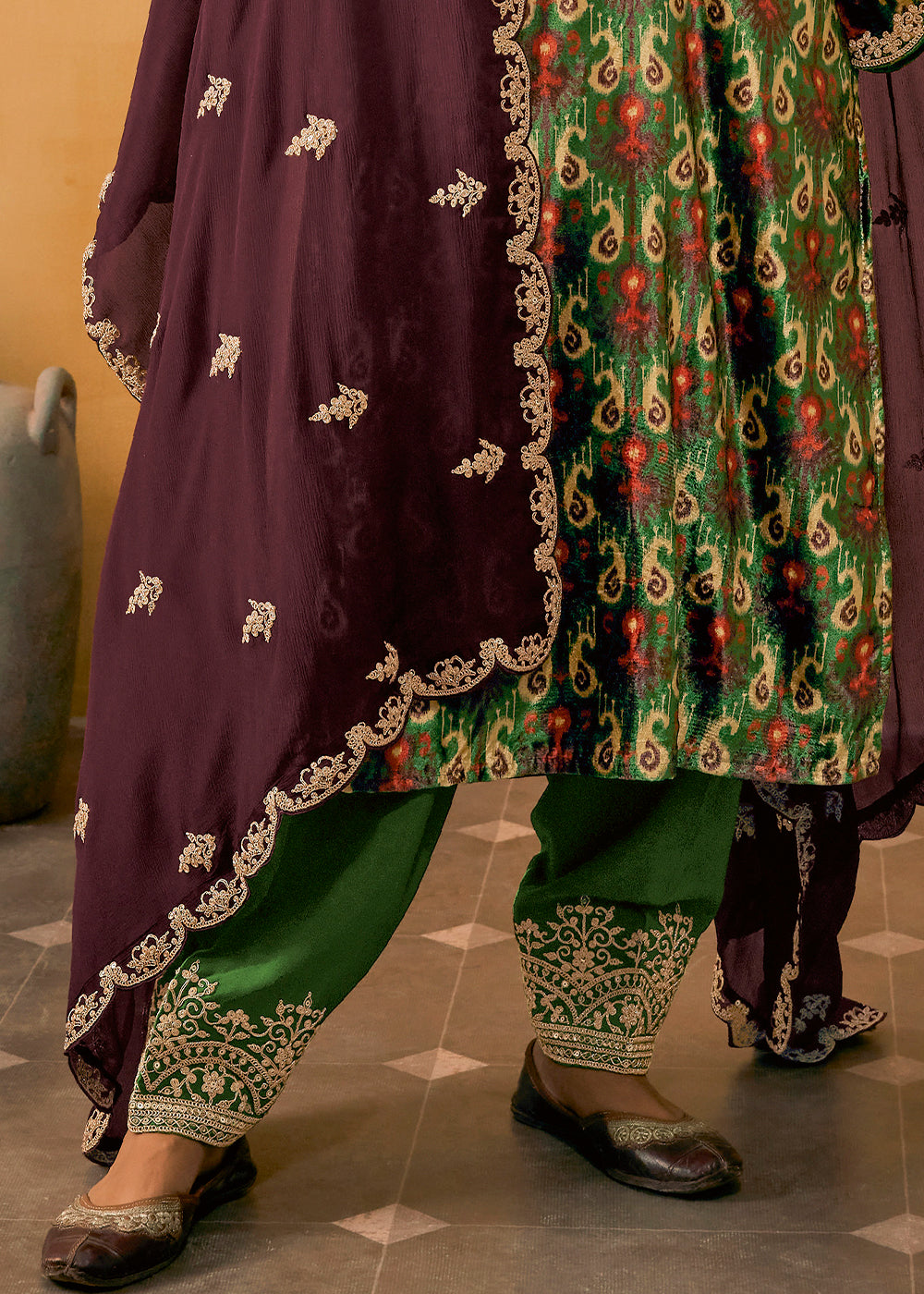 Forest Green Velvet Salwar Suit with Embroidery work - qivii