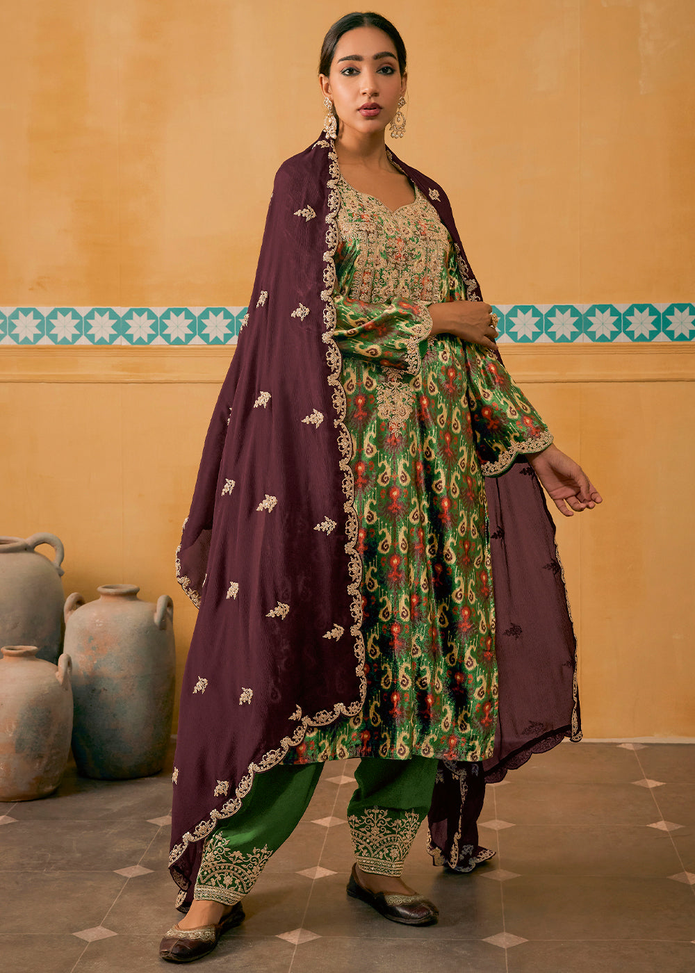 Forest Green Velvet Salwar Suit with Embroidery work - qivii