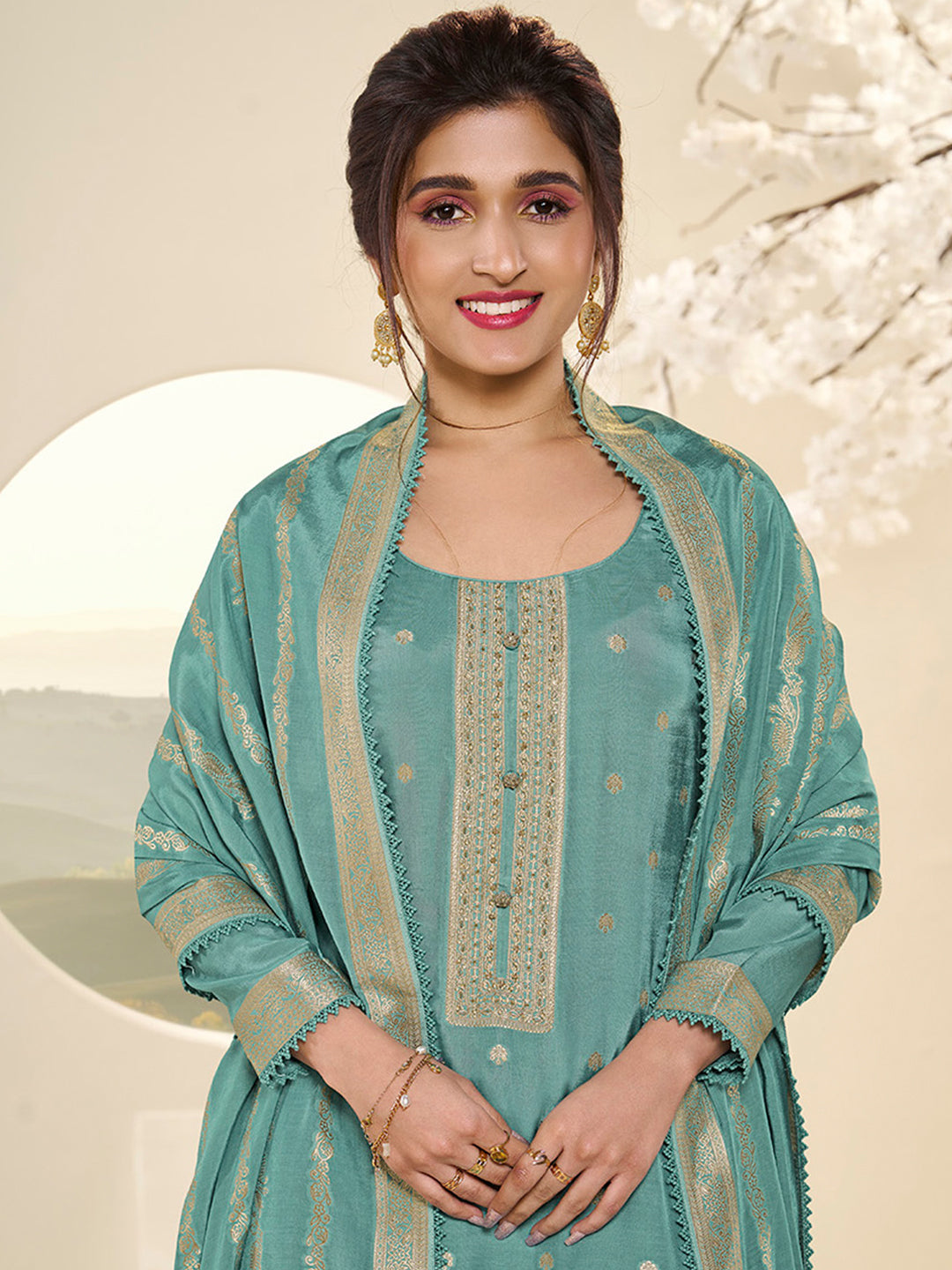 Sea Green Muslin Jacquard Kurta Suit Set with Champagne Thread Weave and Pencil Sketch Weave Yoke by Qivii