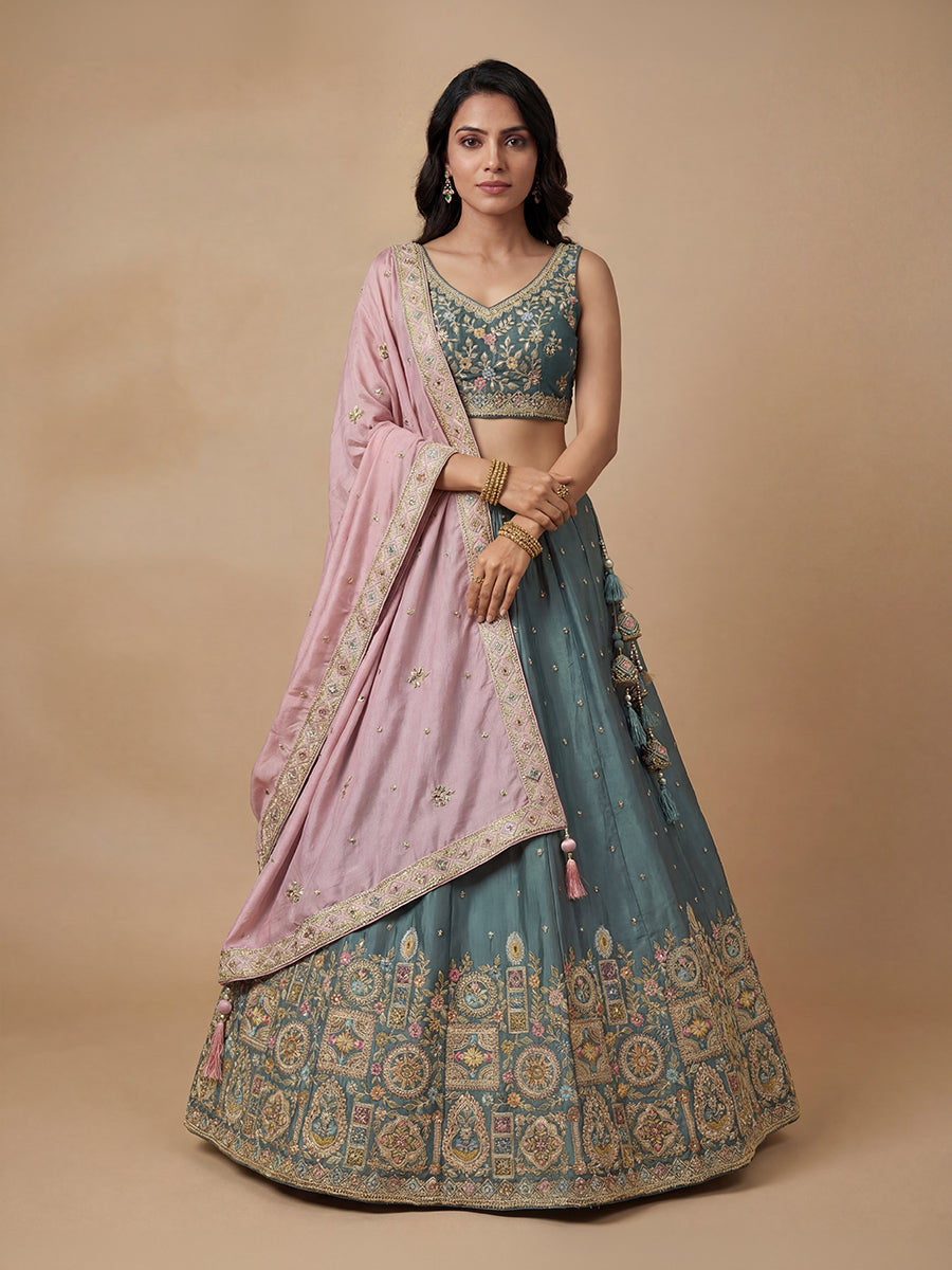 Teal Color Satin Silk Sequins & Multi-color Thread Embroidered Semi-Stitched Lehenga set