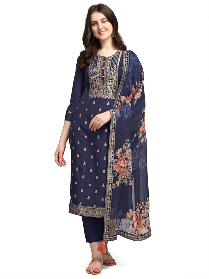 Dark Indigo Jacquard Kurta Suit Set by Qivii