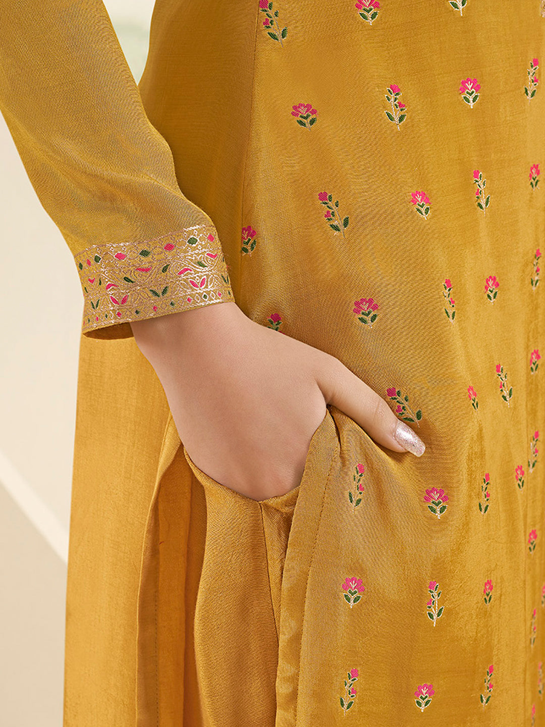 Amber Yellow Muslin Jacquard Kurta Suit Set by Qivii