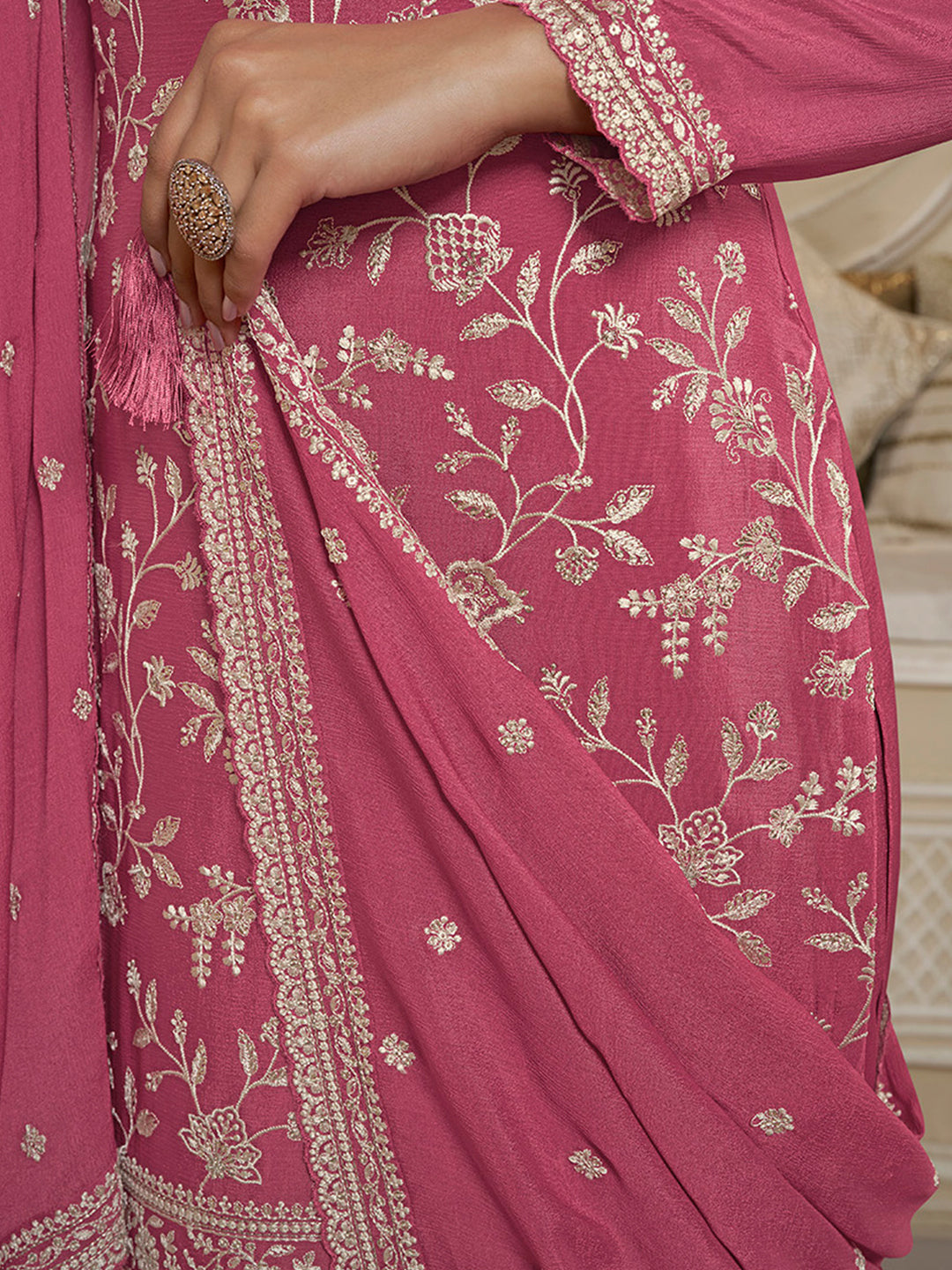 Deep Rose Floral Pattern, Thread and Sequins Embroidered Sharara Suit Set by Qivii