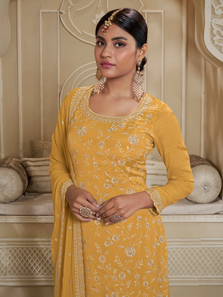 Yellow Floral Pattern, Thread and Sequins Embroidered Sharara Suit Set by Qivii