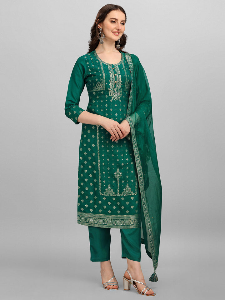 Green Panel Jacquard Kurta Suit Set by Qivii