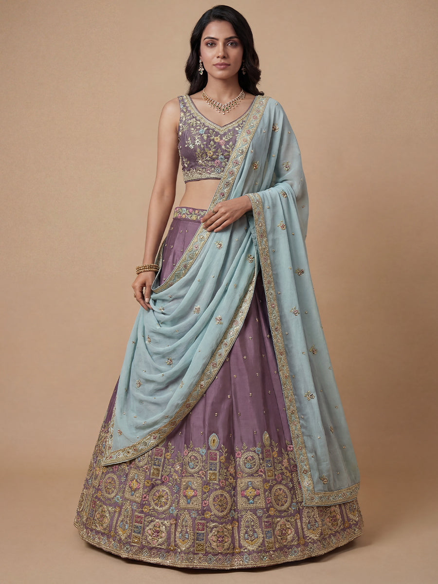 Lavender Color Satin Silk Sequins & Multi-color Thread Embroidered Semi-Stitched Lehenga set