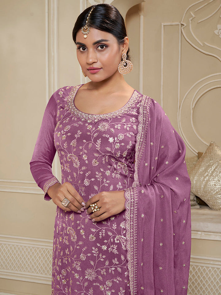 Twilight lavender Floral Pattern, Thread and Sequins Embroidered Sharara Suit Set by Qivii