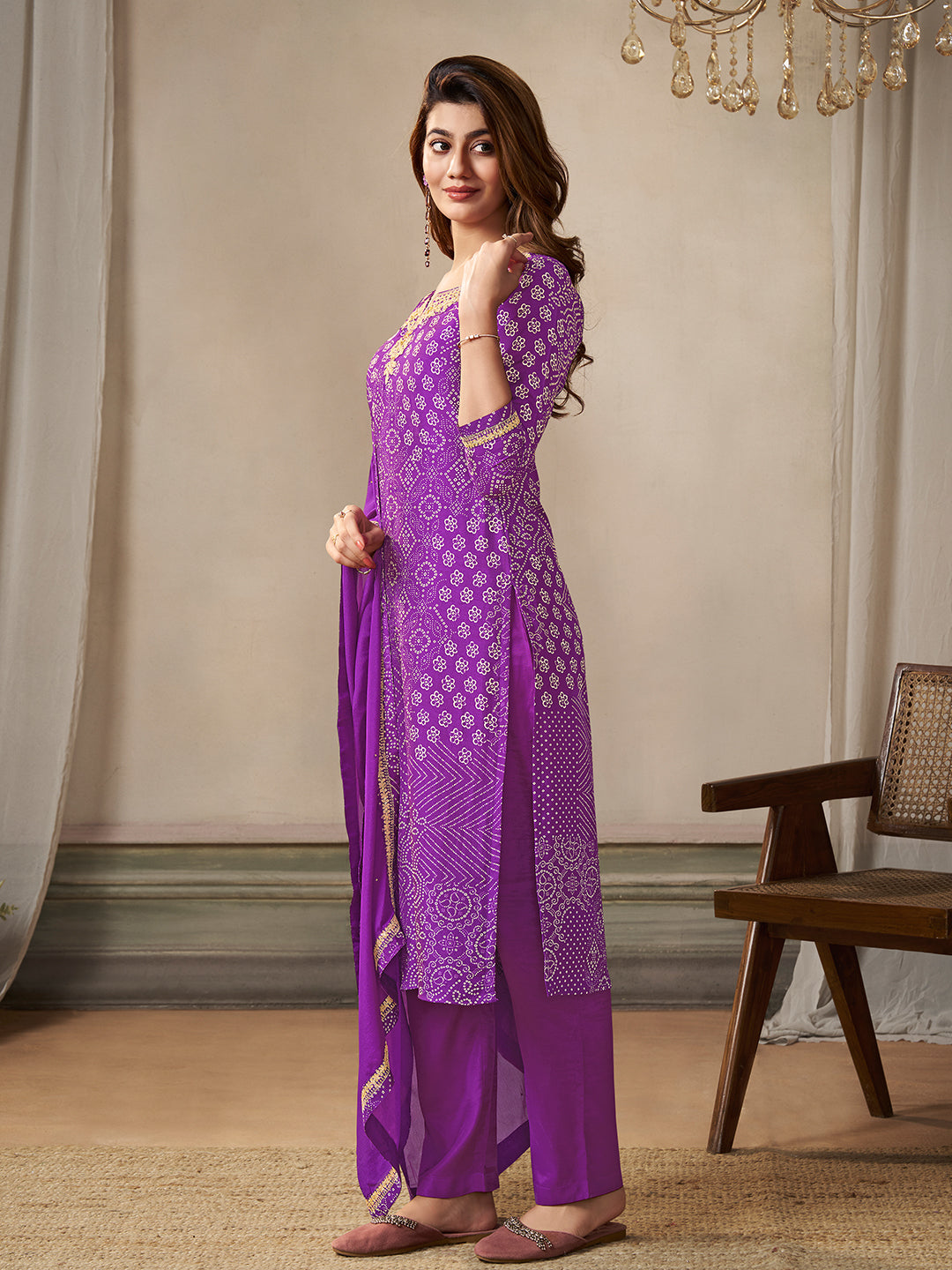 Purple Dola Bandhni Printed with Embroidery Kurta Suit Set