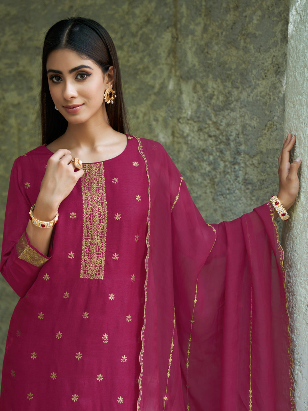 Light Wine Exquisite Placement Weaving Kurta Suit Set by Qivii