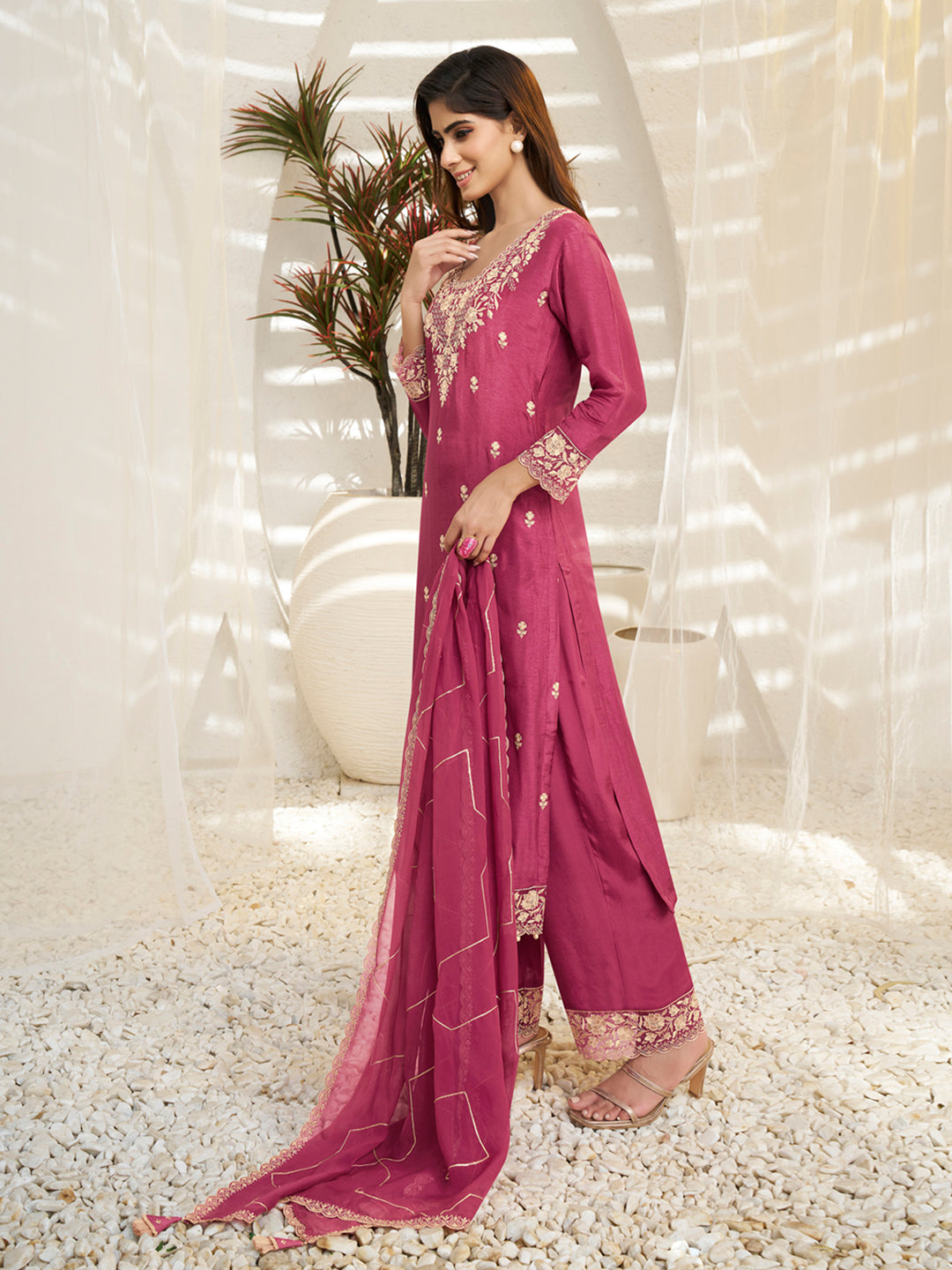 Floral and Geometric Threadwork Cherry Pink Kurta Set with Hanging Pearl Daman, Straight Pant, and Dupatta