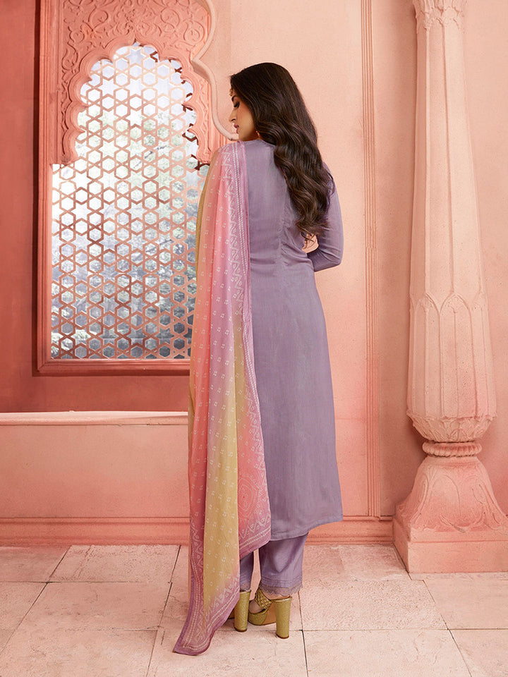 Lilac Full Jaal Thread Embroidery kurta Suit set with Bandhni Print Gradient Dupatta by Qivii