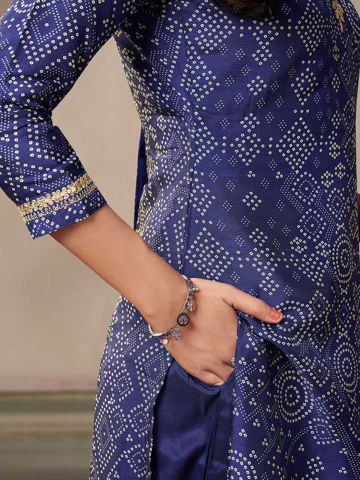 Blue Dola Bandhni Printed with Embroidery Kurta Suit Set