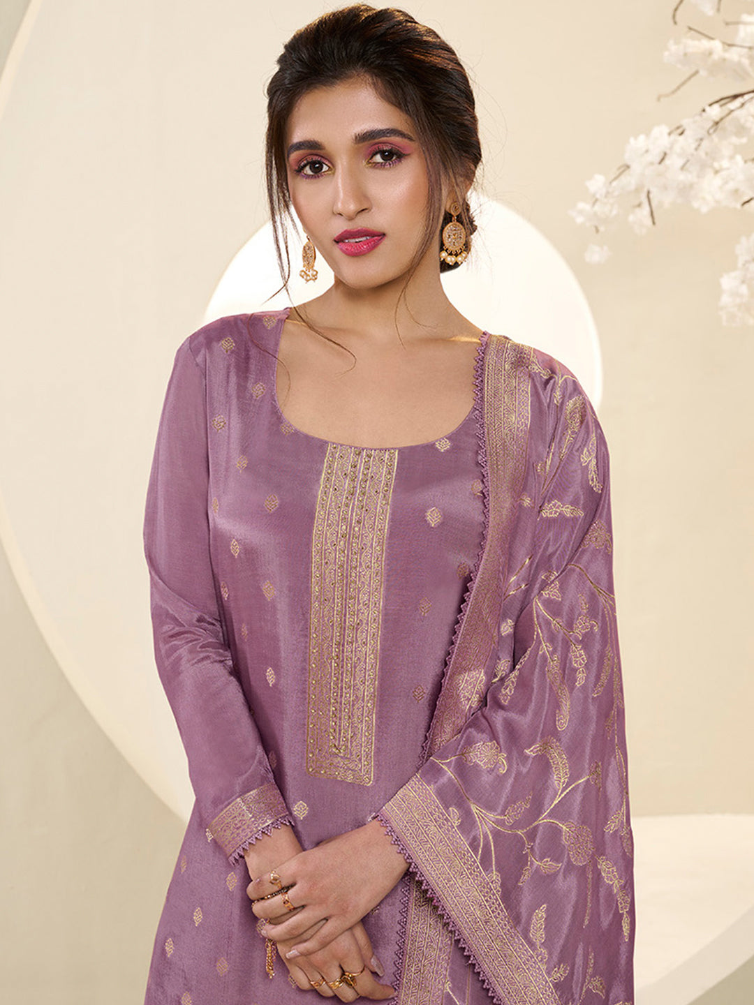 Wisteris Purple Muslin Jacquard Kurta Suit Set with Champagne Thread Weave and Pencil Sketch Weave Yoke by Qivii