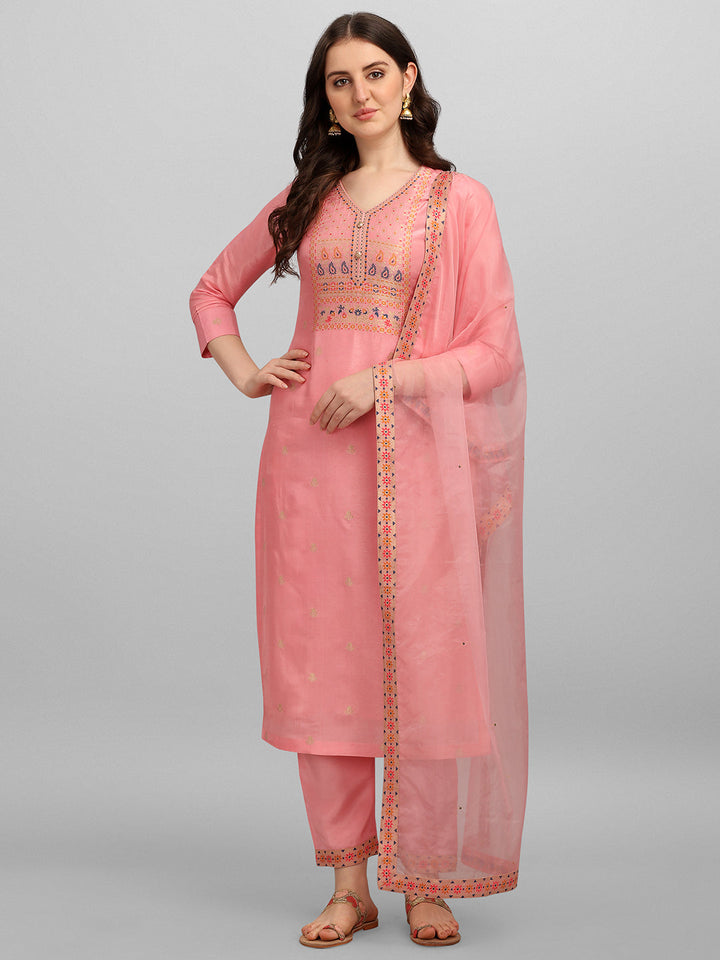 Peachish Pink Meena Jacquard Kurta Suit Set by Qivii