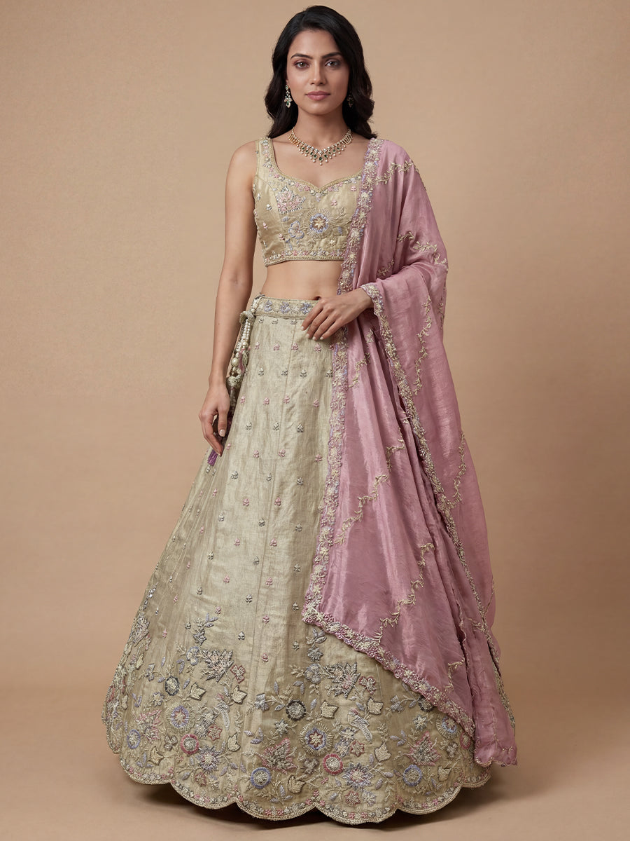 Beige-Golden Color Tissue Fabric Beads & Sequin Embroidered Semi Stitched Lehenga Choli & Dupatta