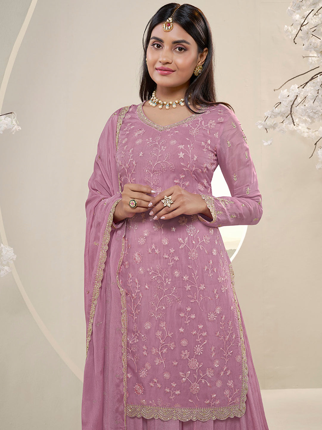 Pink Floral Pattern, Thread with Sequins & Zari Embroidered Sharara Suit Set by Qivii