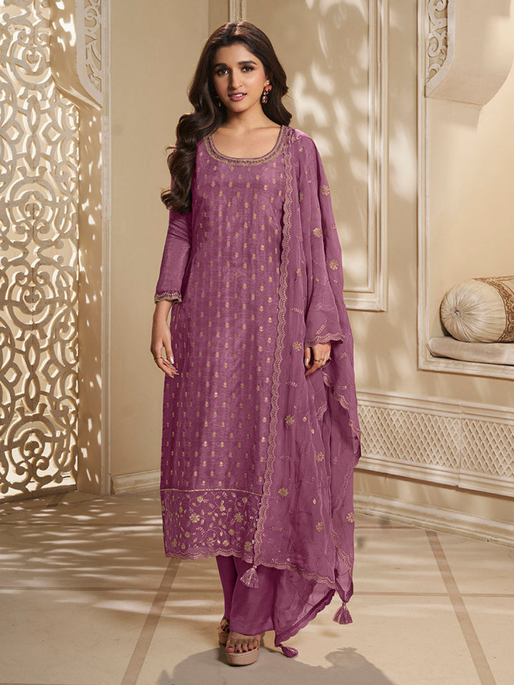 Light plum Dola Jacquard Kurta Suit Set with Embroidered with Thread and Sequins Work by Qivii