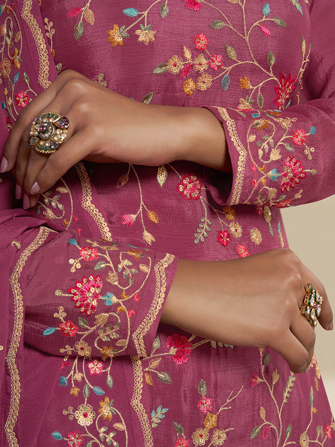 Dark Pink Sharara Suit Set with Floral & Embroidery Design