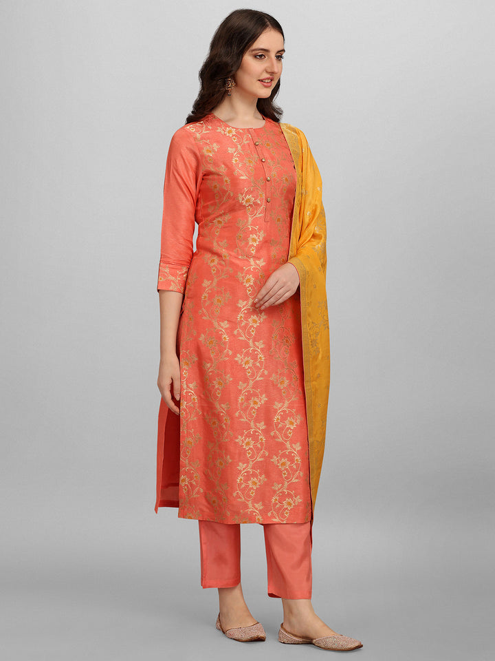 Orange Meena Jacquard Kurta Suit Set by Qivii