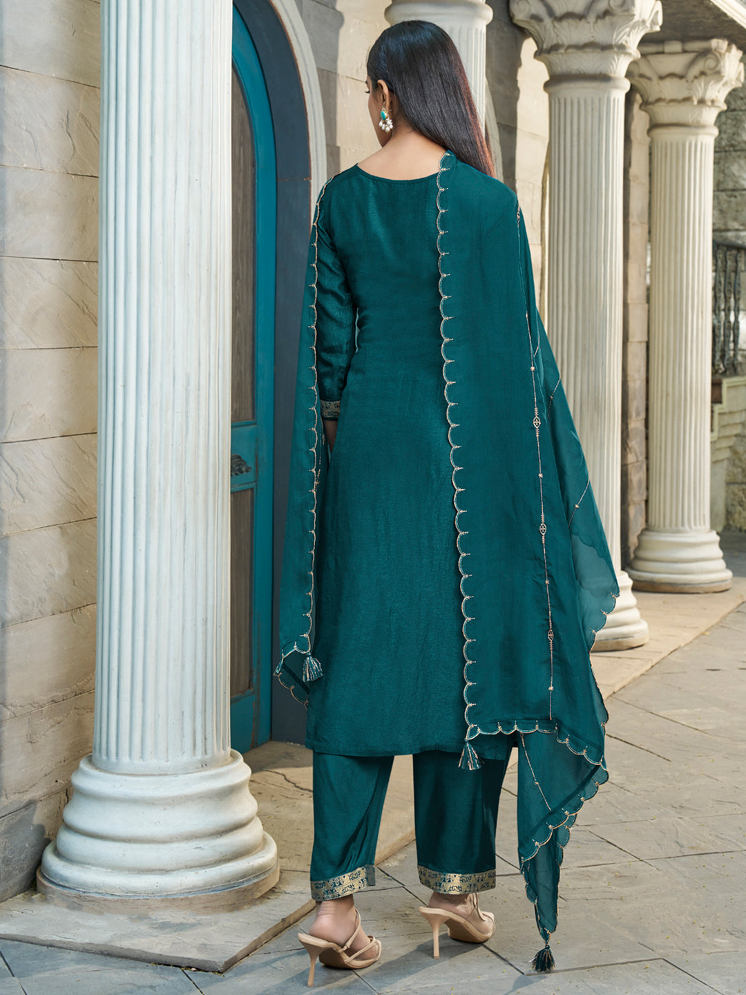 Exquisite Dark Teal Green Jacquard Kurta Suit by Qivii