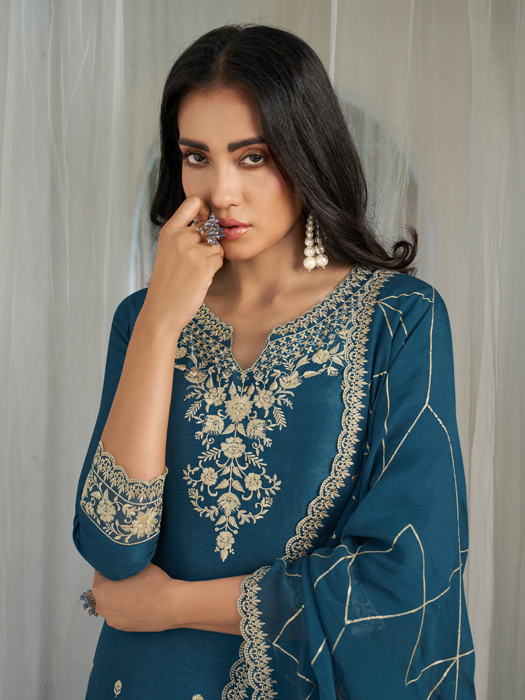 Teal Blue Threadwork Kurta Set with Dupatta by Qivii