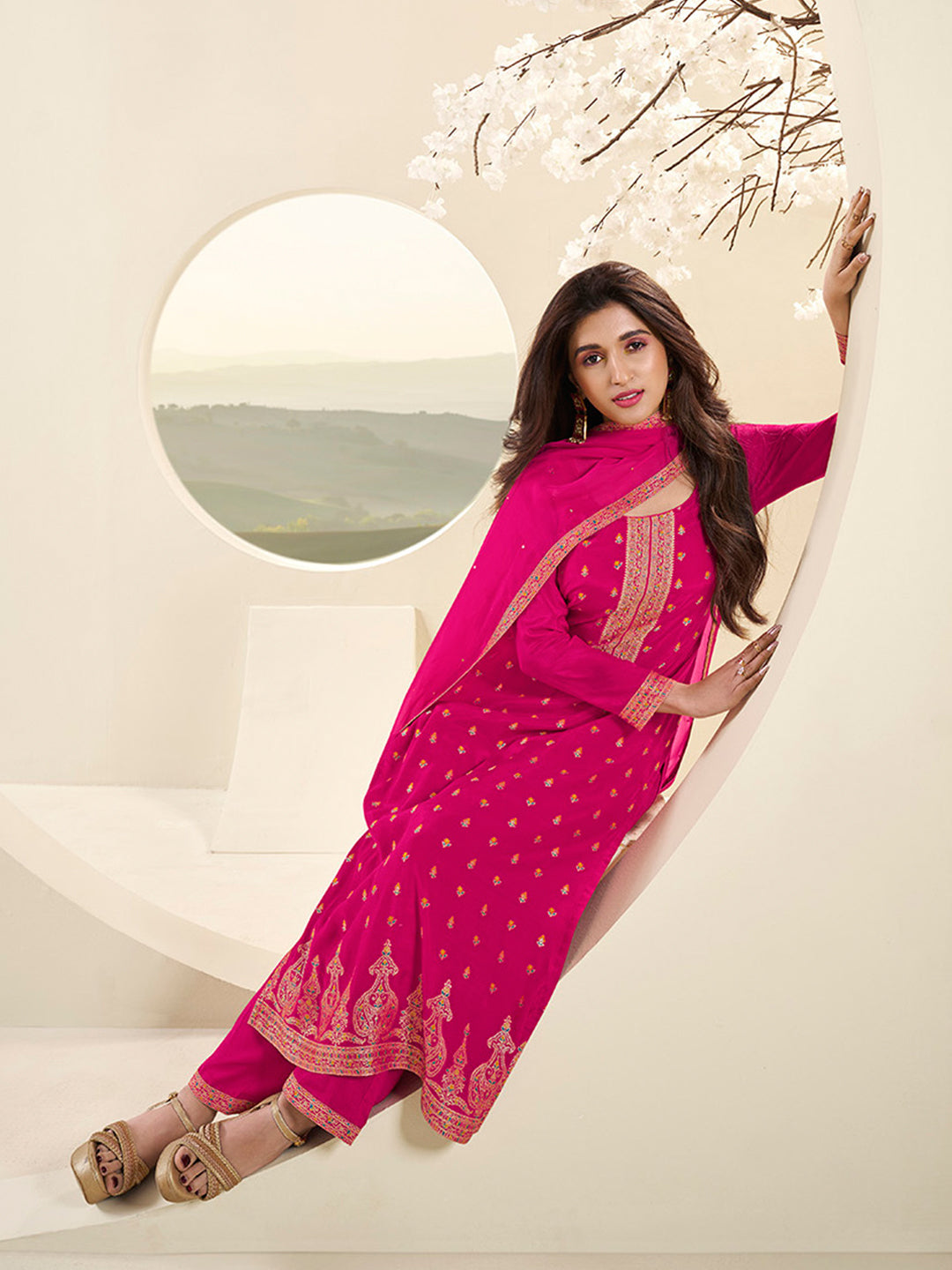 Hot Pink Muslin Jacquard Kurta Suit Set with Multi Contrast Thread Weave and Paisley Pattern Daman by Qivii