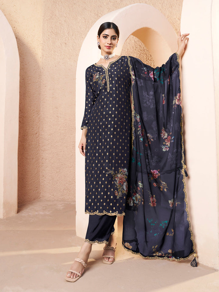 Dark Blue Black Applique Jacquard Kurta with Floral Print Dupatta by Qivii