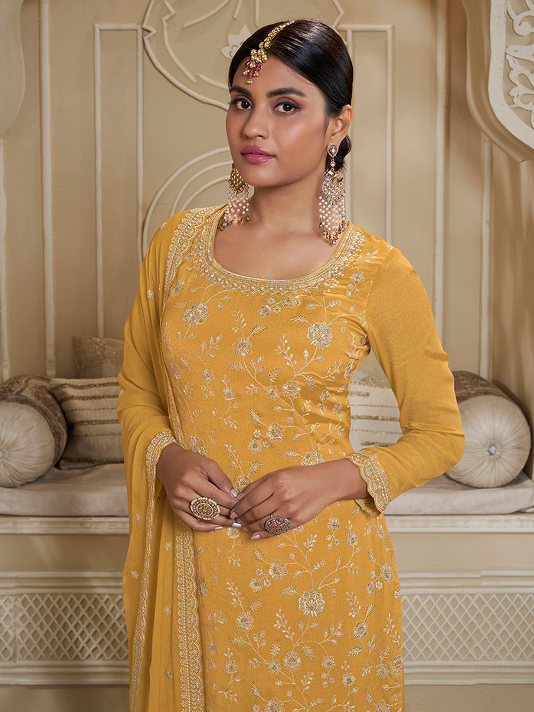 Yellow Floral Pattern, Thread and Sequins Embroidered Sharara Suit Set