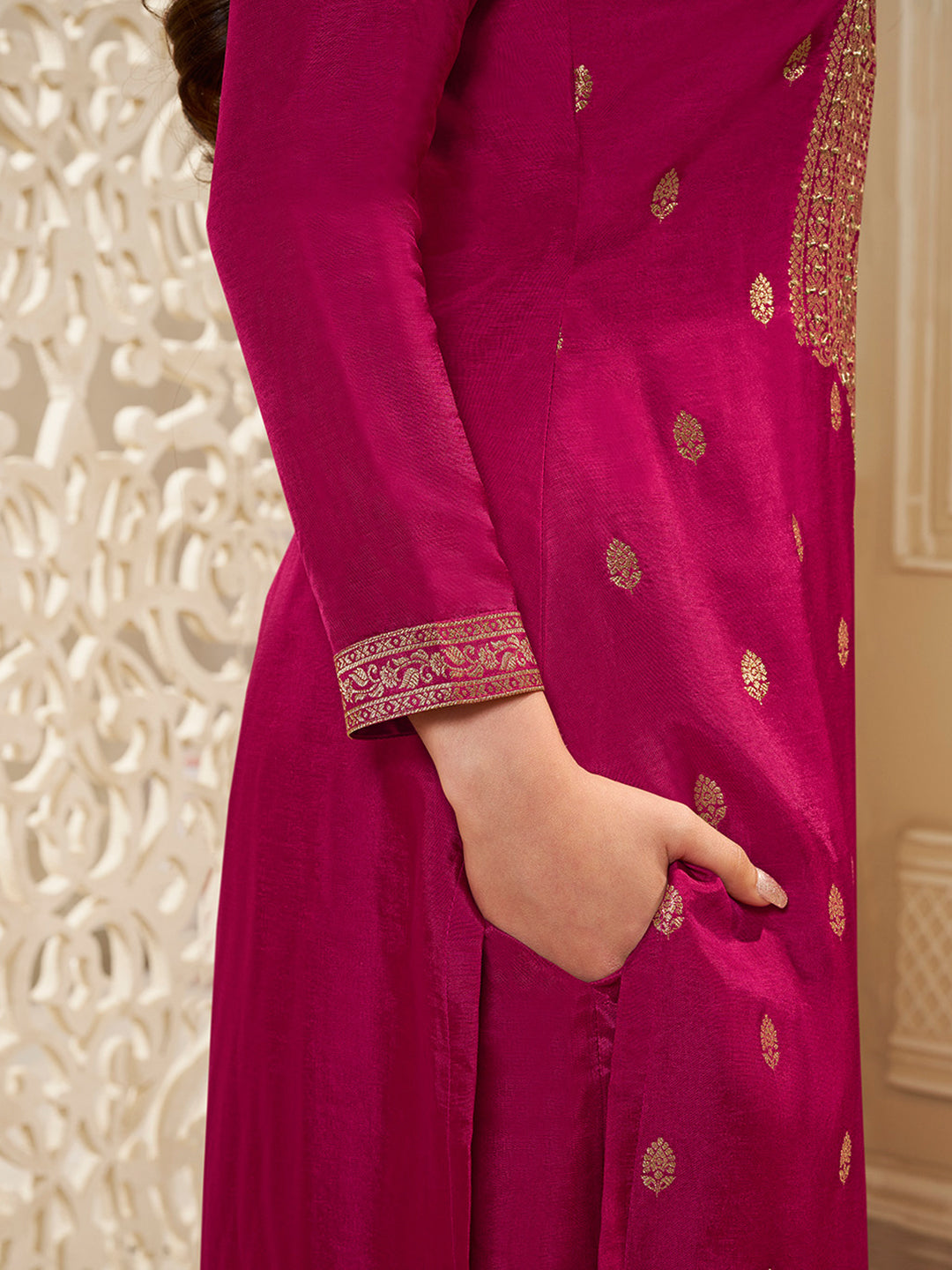 Dola Silk Jacquard Kurta With designer Yoke and handwork  with trousers and Dupatta