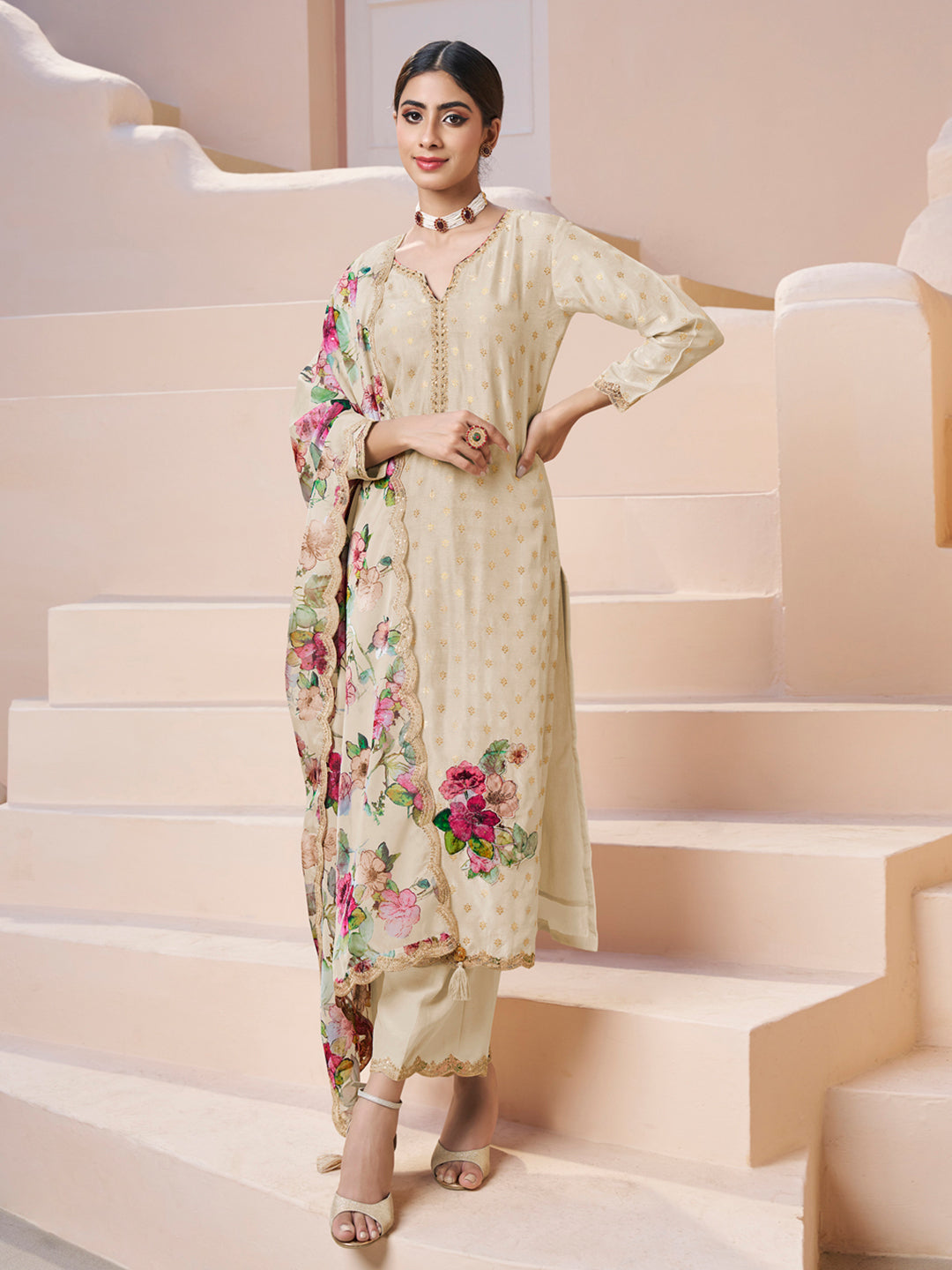 Cream Applique Jacquard Kurta with Floral Print Dupatta - qivii