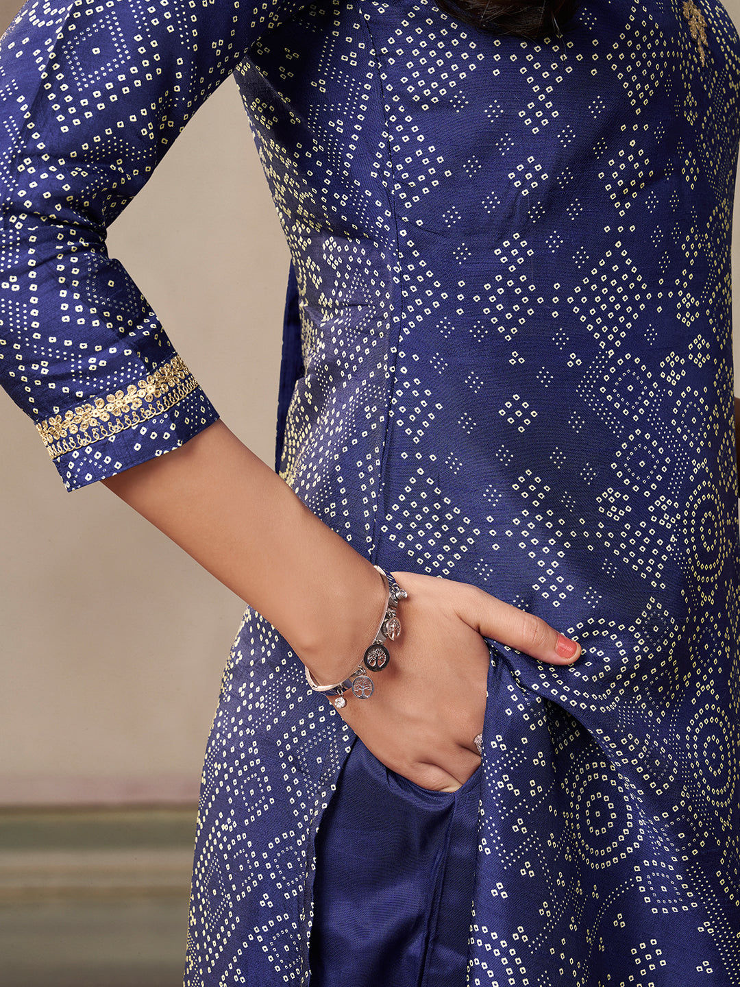 Royal Blue Kurta Set in Dola Bandhani Printed with Embroidery