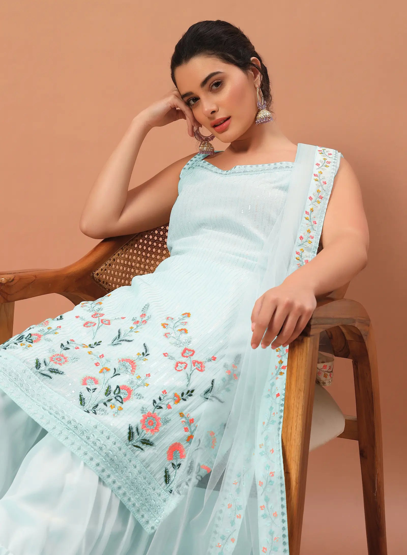 Sky Blue Georgette Sequence Embroidery Work Salwar Suit - qivii