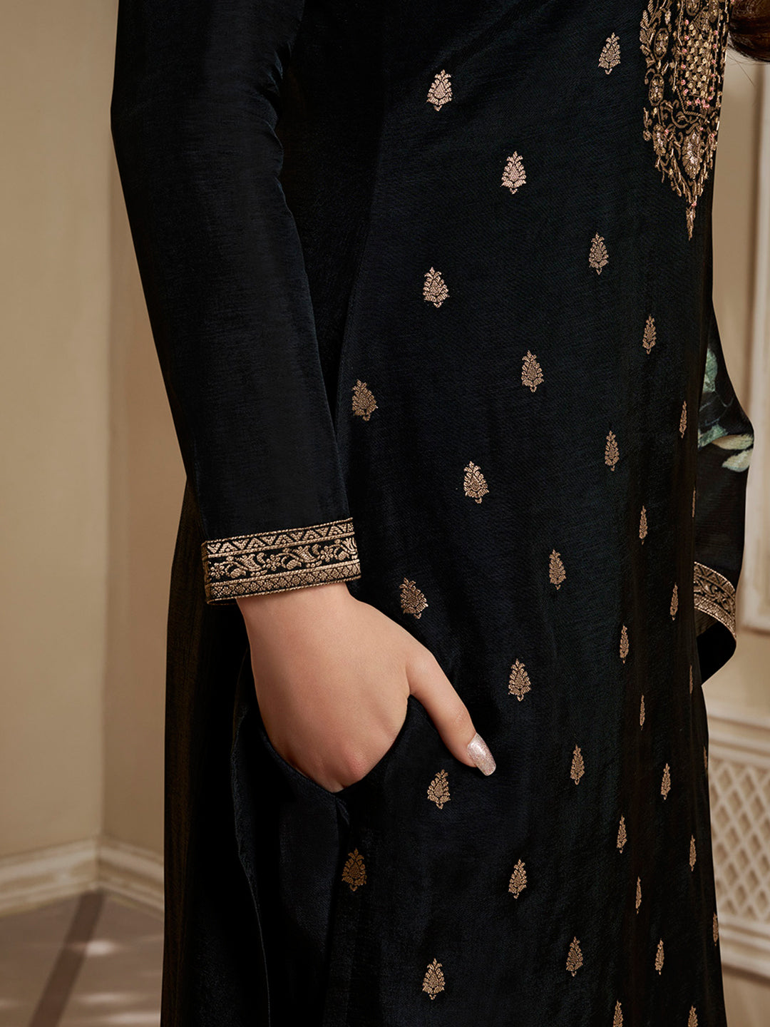 Dola Silk Jacquard Black Kurta With designer Yoke and handwork  with trousers and Dupatta