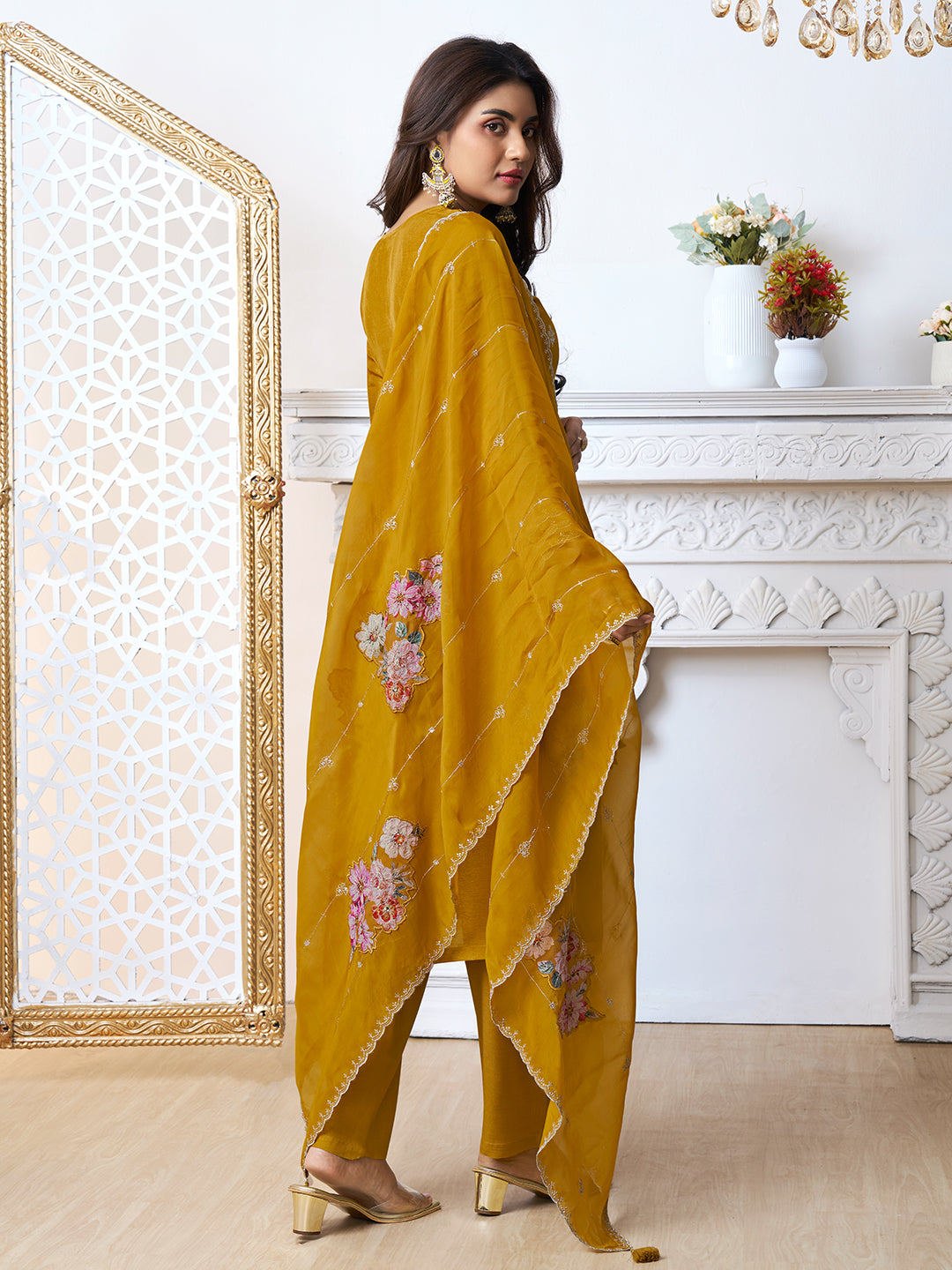 Mustard Yellow Cutwork Neckline Dola Silk Kurta Suit Set with Floral Aplique Dupatta by Qivii