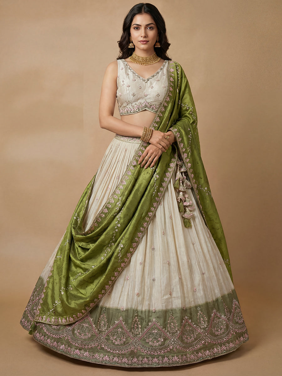 Cream & Olive Color Jacquard Tissue Sequined Embroidered Semi-Stitched Lehenga set