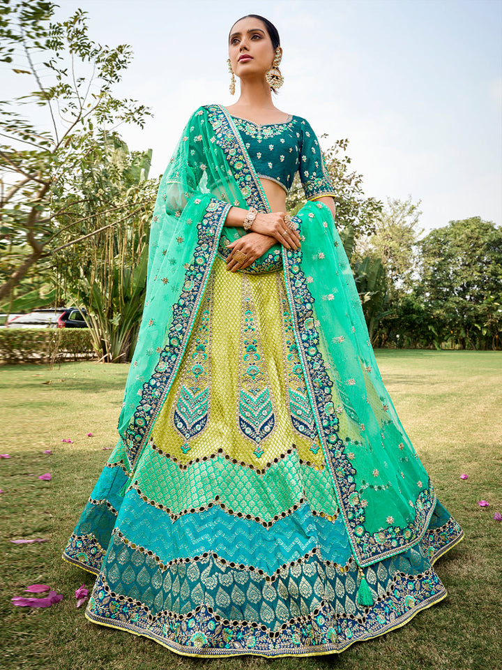 Yellow Silk Teal-Pista Embroidered Patch,Cut Work Semi Stitched Lehenga Choli