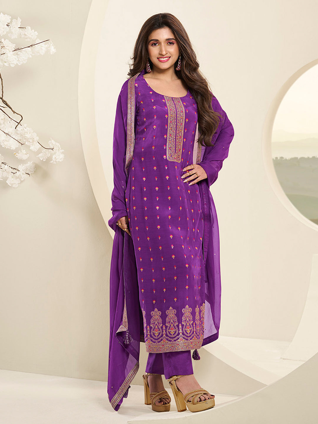 Midnight Purple Muslin Jacquard Kurta Suit Set with Multi Contrast Thread Weave and Paisley Pattern Daman by Qivii