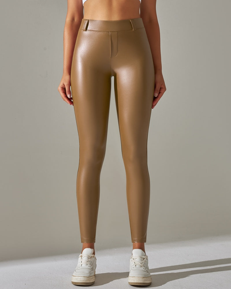 PU leather Pants High Waist Tight Sports Yoga Pants Slim  - By Qivii