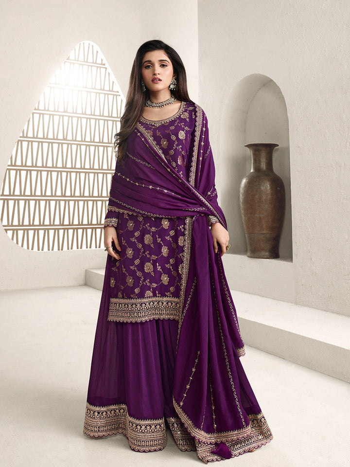 Purple Jacquard with Embroidery Sharara Suit Set by Qivii