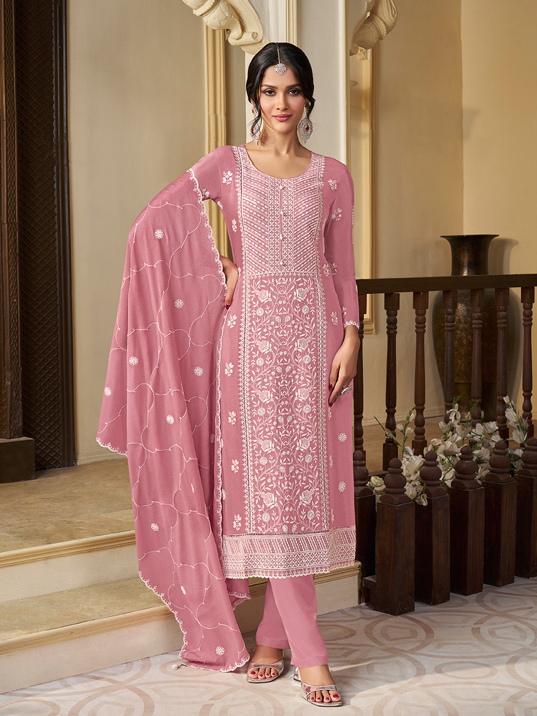 Peach Chinon Top with Thread Embroidery and Kurta Suit Set - qivii
