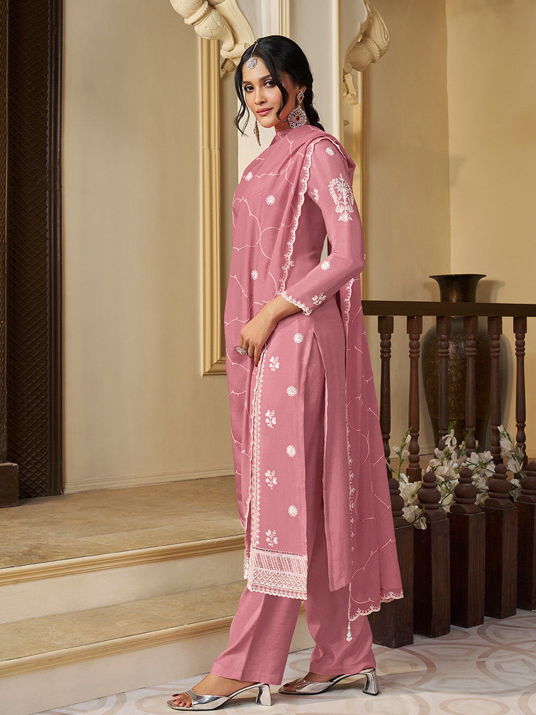 Peach Chinon Top with Thread Embroidery and Kurta Suit Set - qivii