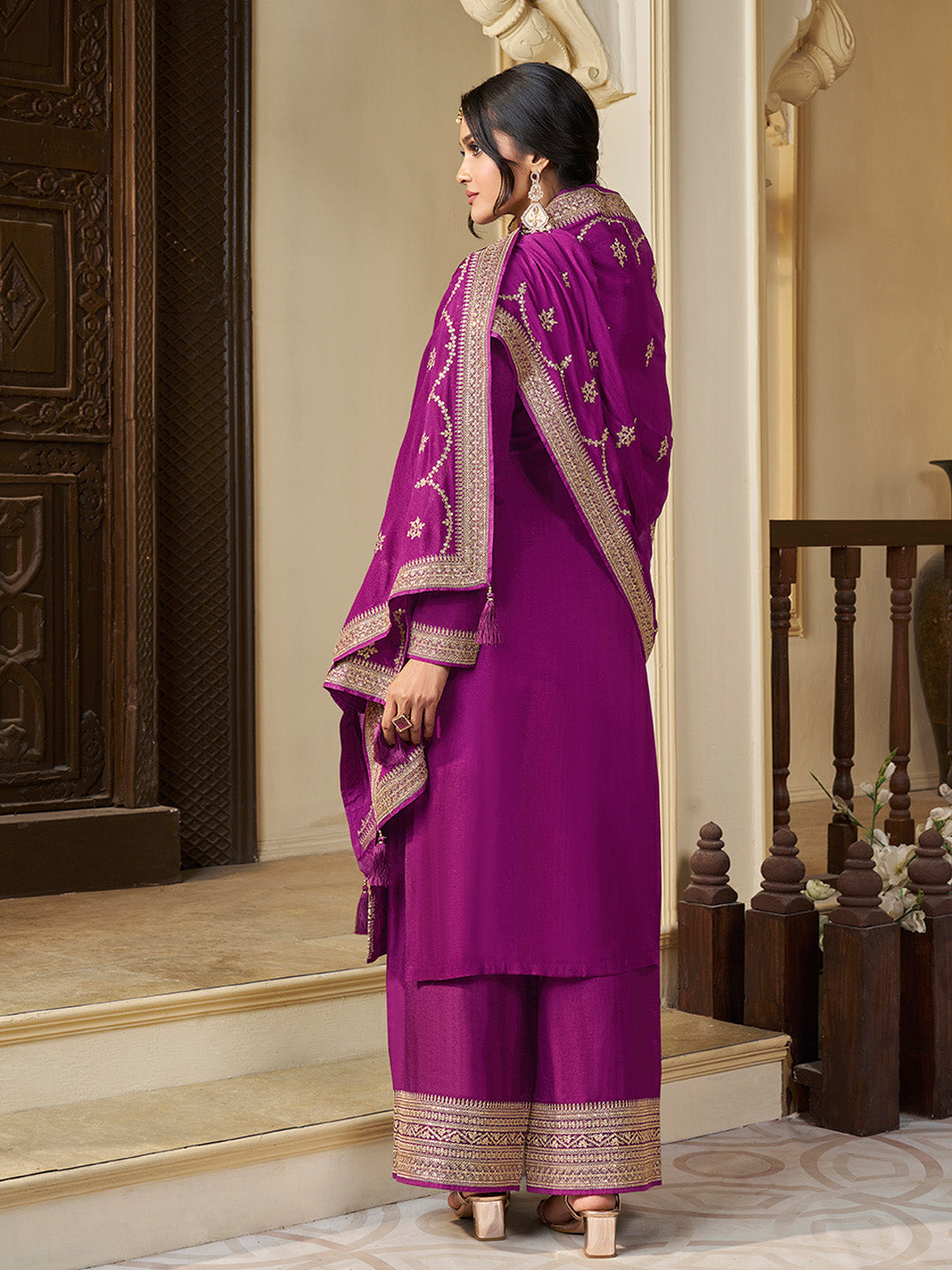 Purple Chinon Floral Jacquard Embroidered Top with Palazzo Suit Set - qivii