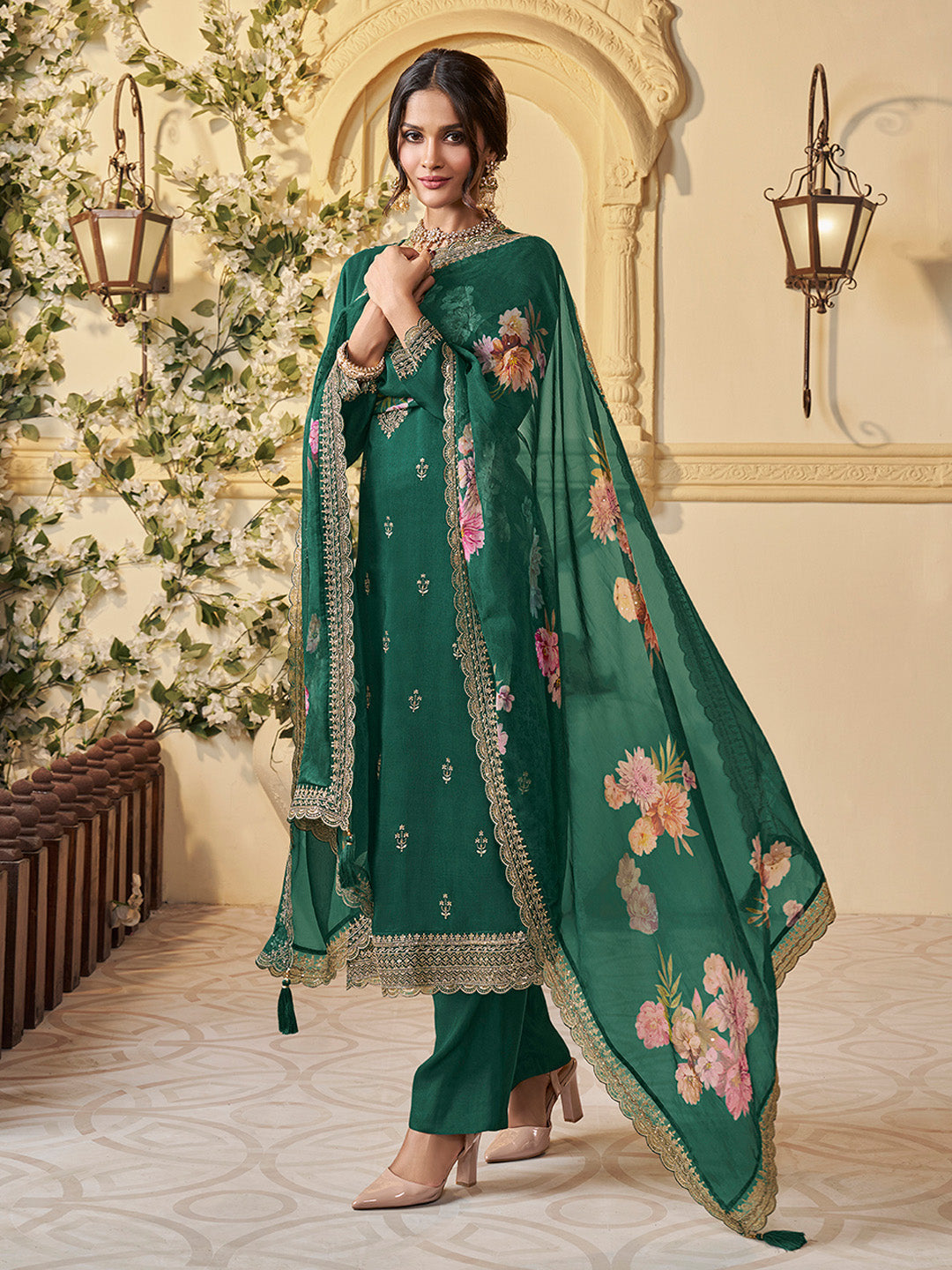 Green Munga Silk Embroidered Top with Matching Trouser and Digital Print Dupatta - qivii