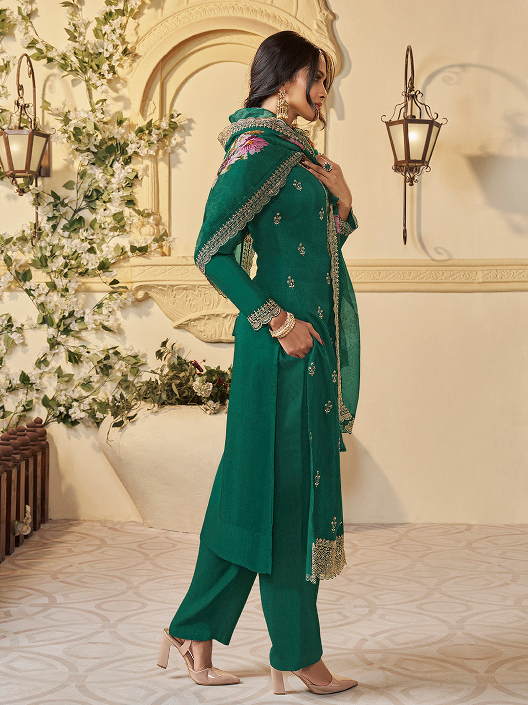 Green Munga Silk Embroidered Top with Matching Trouser and Digital Print Dupatta - qivii