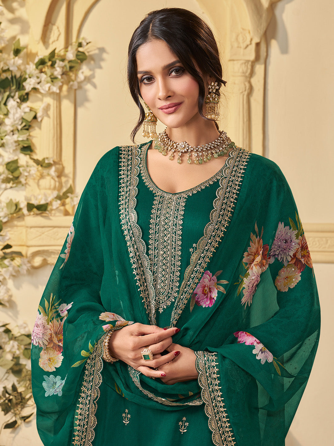 Green Munga Silk Embroidered Top with Matching Trouser and Digital Print Dupatta - qivii